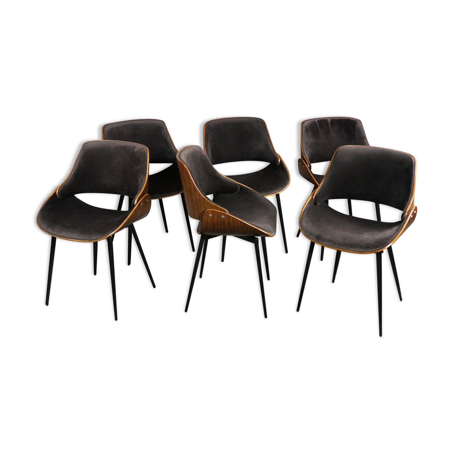 Scandinavian style chairs in curved plywood covered with brown fabric