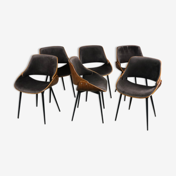 Scandinavian style chairs in curved plywood covered with brown fabric