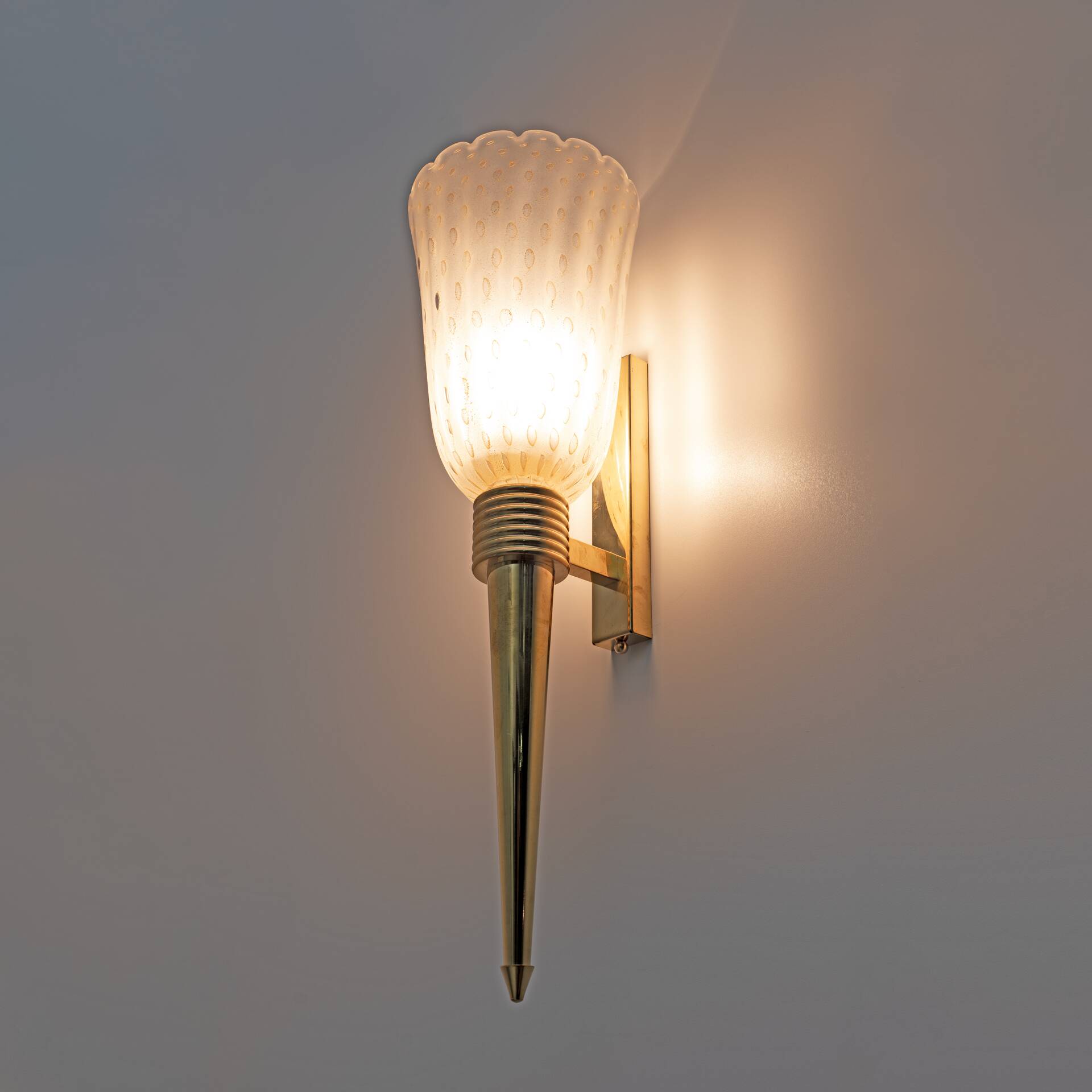 Pair of Mid-century Modern Italian Brass and Pulegoso Murano Glass Sconces