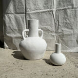 Handcrafted terracotta vase painted white with double handles h:40 d:30