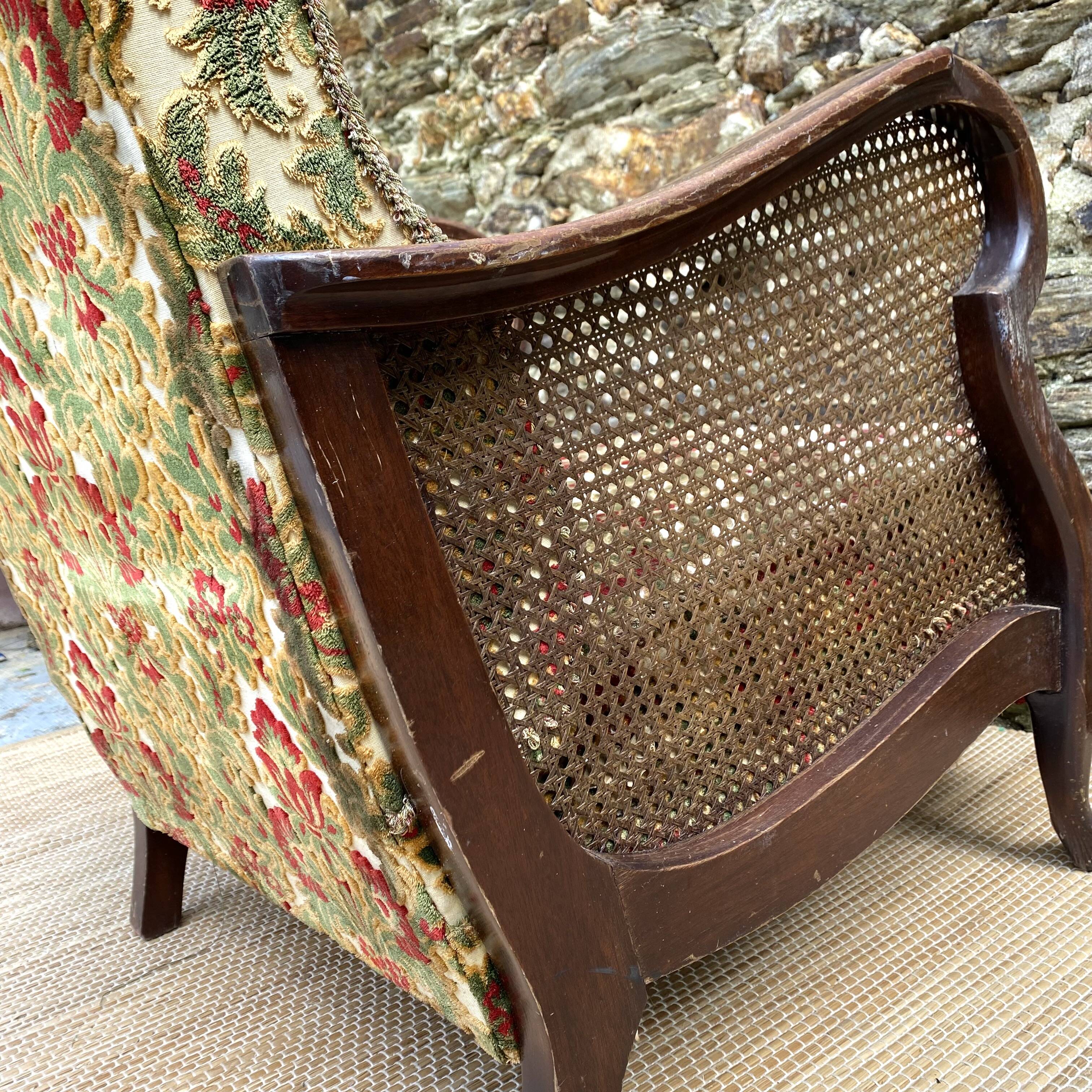 English cane and velvet armchair, Chippendale style