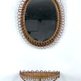 Mid-Century Shelf Console Table with Wall Mirror in rattan and bamboo. Italy 1960s