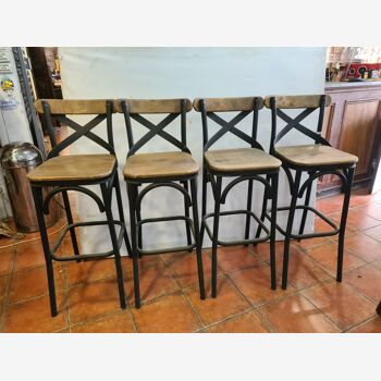 Lot de 4 Tabourets de bar industriel en fer et bois