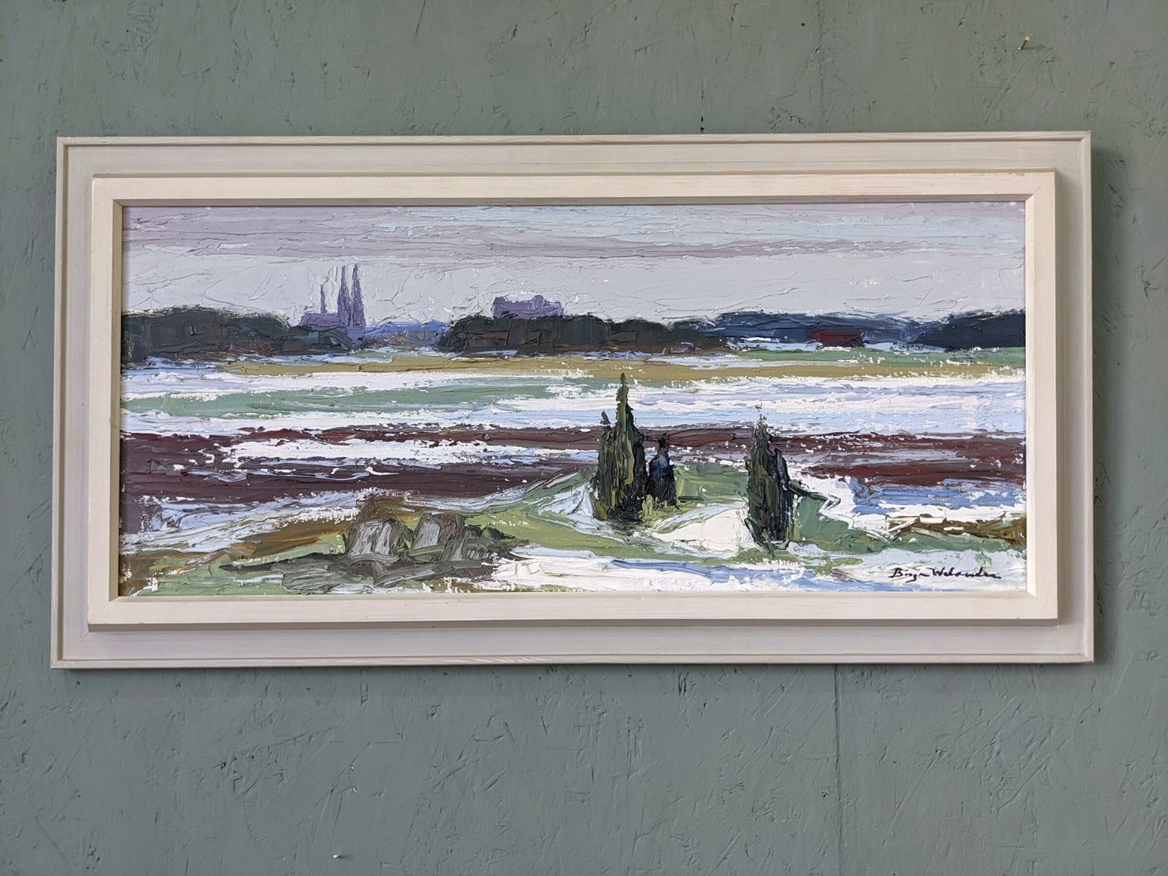 Mid-Century Modern Swedish "Planes" Vintage Expressive Landscape Oil Painting, Framed