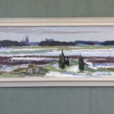 Mid-Century Modern Swedish "Planes" Vintage Expressive Landscape Oil Painting, Framed