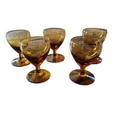 5 amber stemmed glasses – 1960s