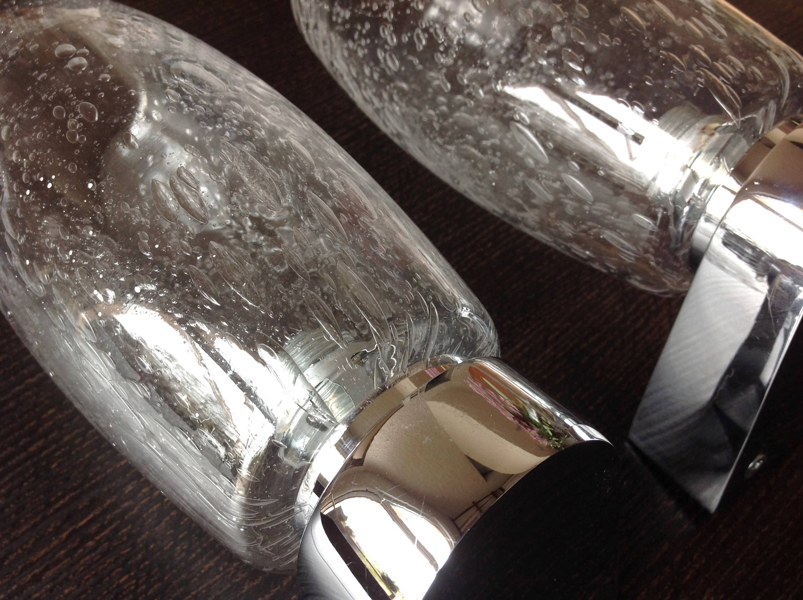 Pair of vintage 1970s-80s glass and chrome wall lights with teardrop shapes