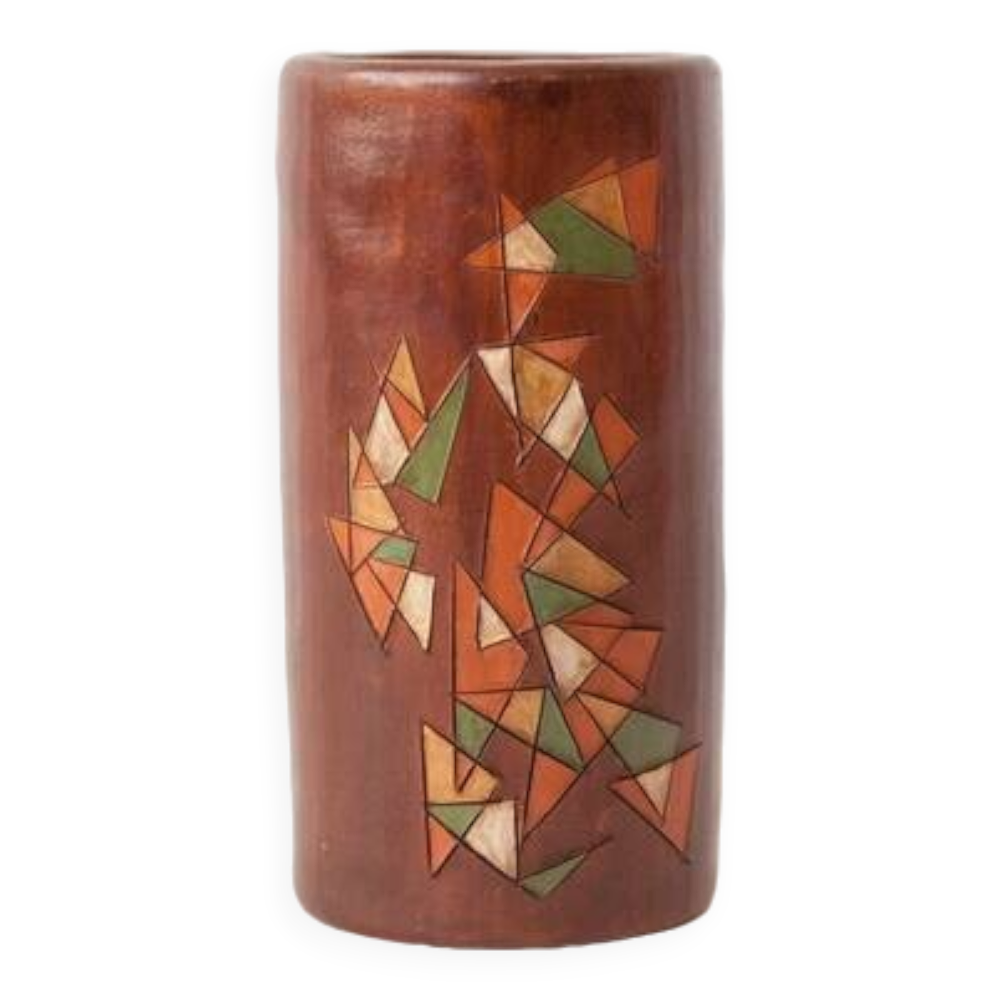 Cylindrical signed vase, pottery, modernist, hand painted, decorative vase, interior decor