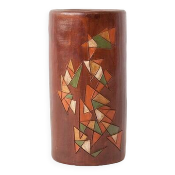 Cylindrical signed vase, pottery, modernist, hand painted, decorative vase, interior decor