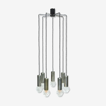 Vintage suspension lamp in chrome metal and glass 1970