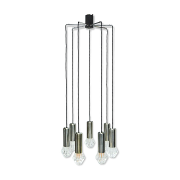 Lampe à suspension vintage en métal chromé et verre 1970