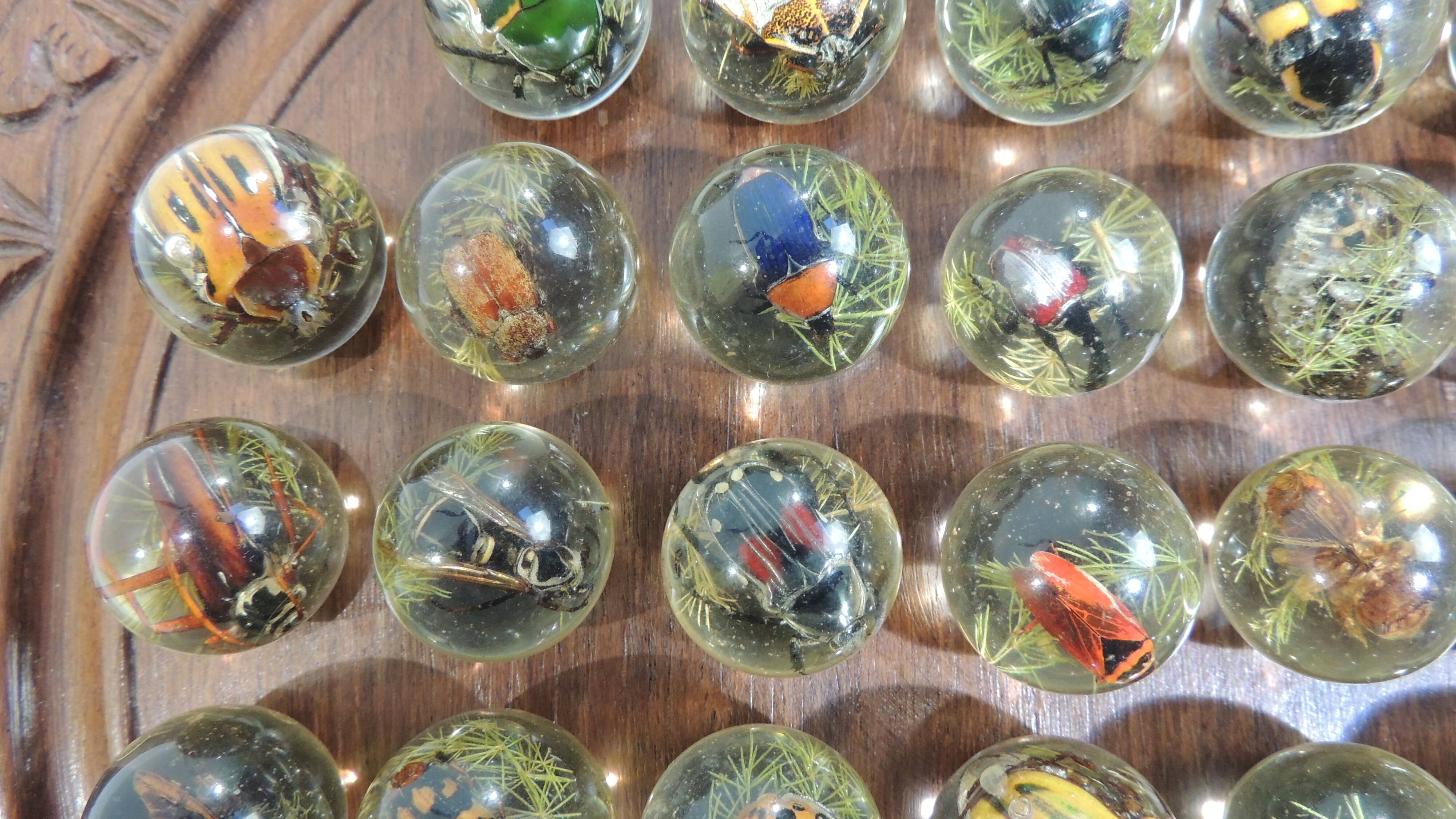 Vintage wooden carved solitaire game – Resin balls with insects –