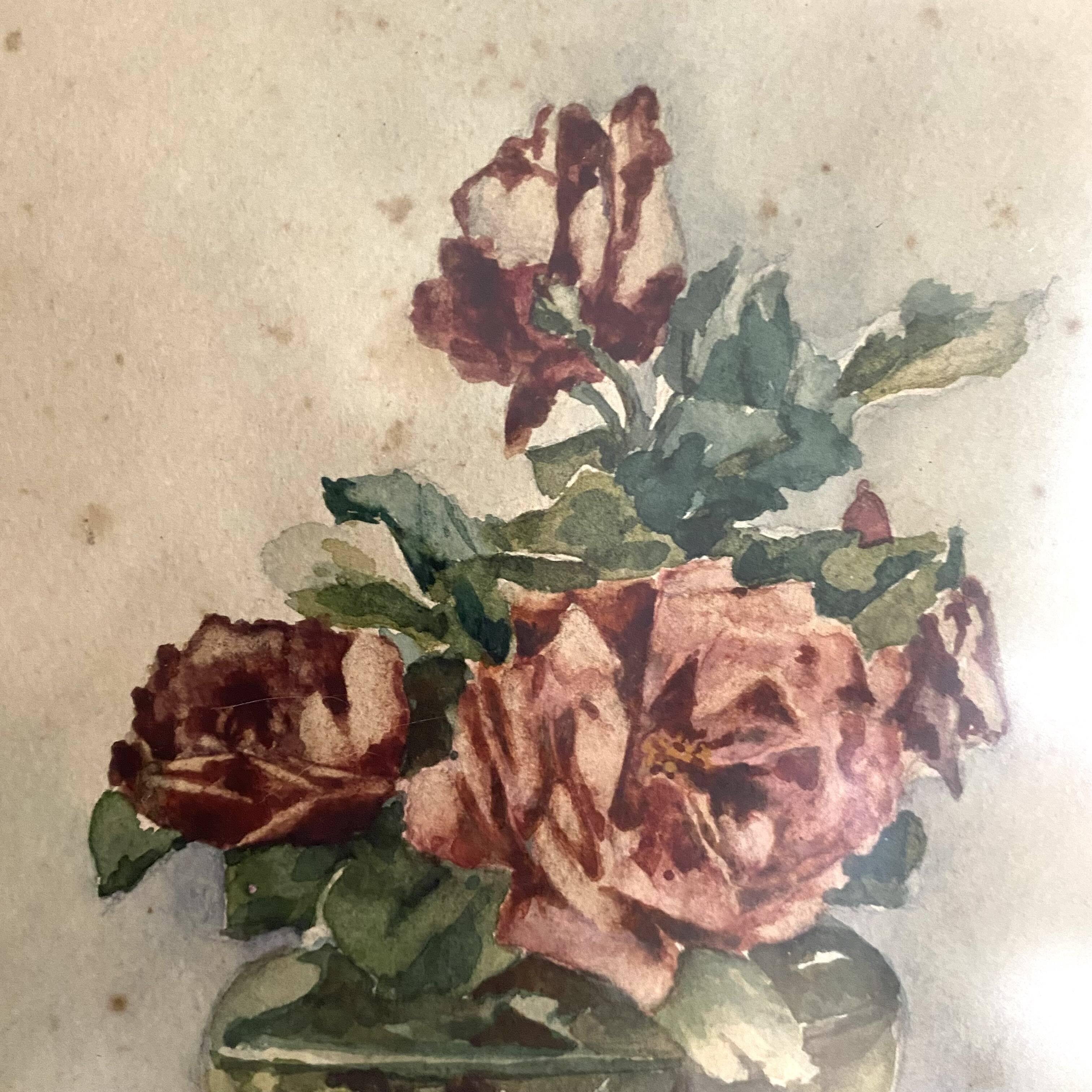 Aquarelle ancienne bouquet de roses