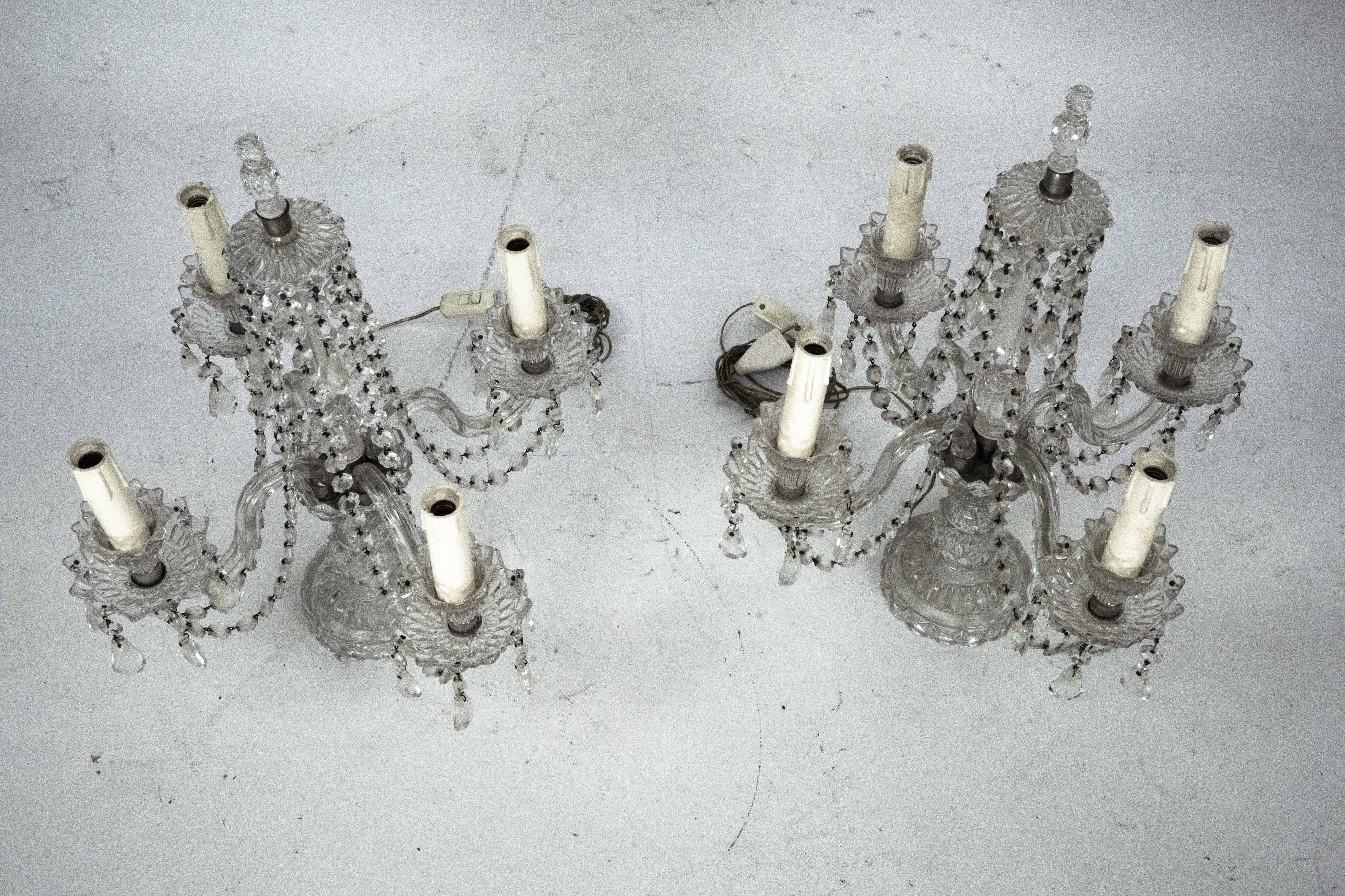 Lampes de table en cristal Maria Theresa avec candélabres. Ensemble de deux. Italie, années 1940.