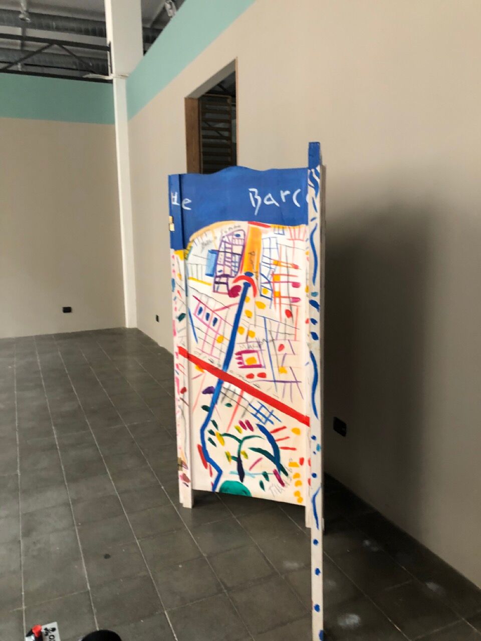 Painted wooden screen with the map of Barcelona 210 W x 170 H