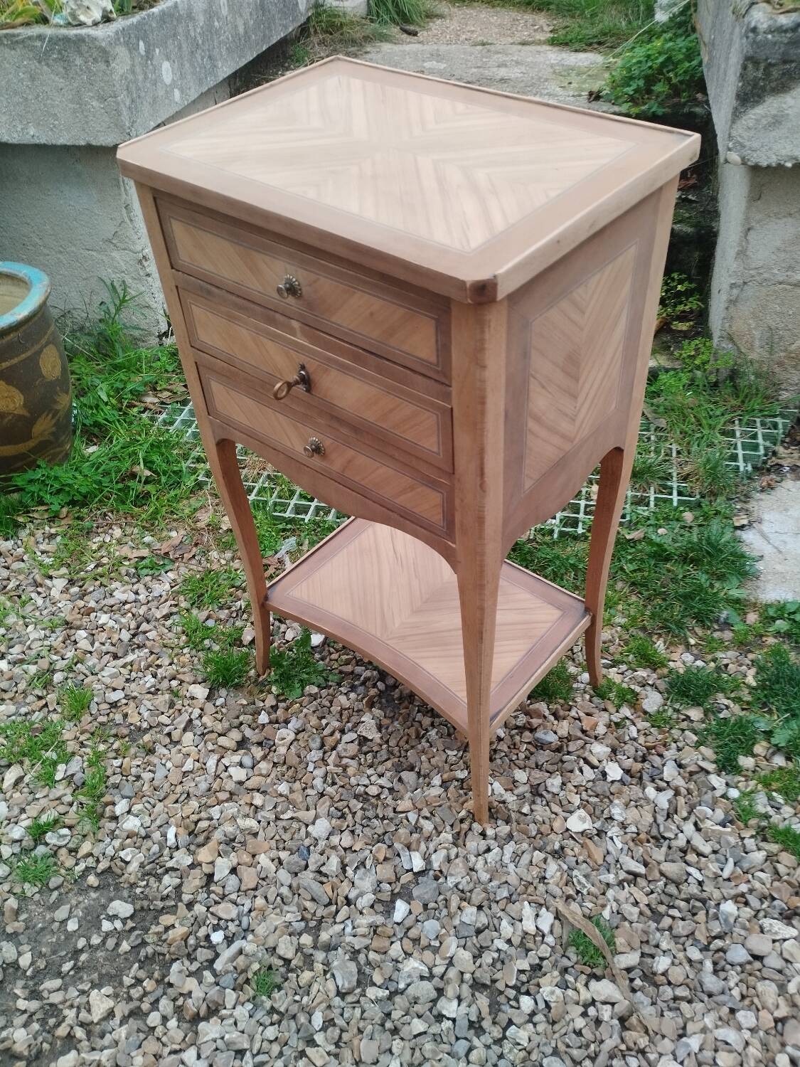 Antique Louis XVI style marquetry bedside table