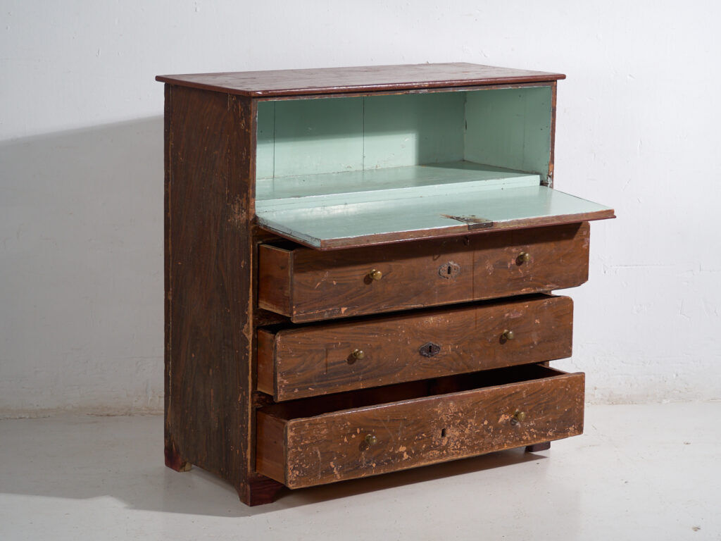 Commode secrétaire ancienne en pin – Bureau rustique européen à abattant – circa 1900