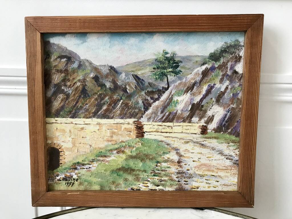 Oil painting on wood Janon valley landscape signed 1957