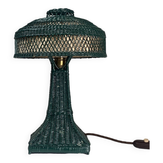 Green Art Deco rattan wicker mushroom "Eiffel" table lamp, 1950s