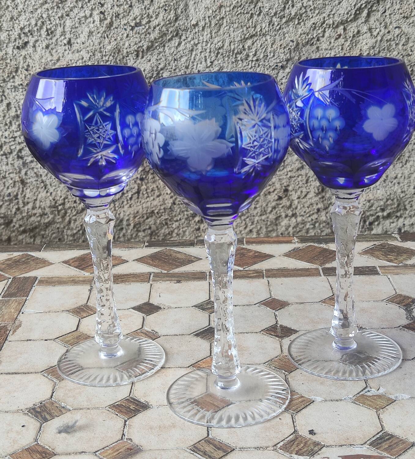 3 large cobalt blue cut crystal stemmed glasses