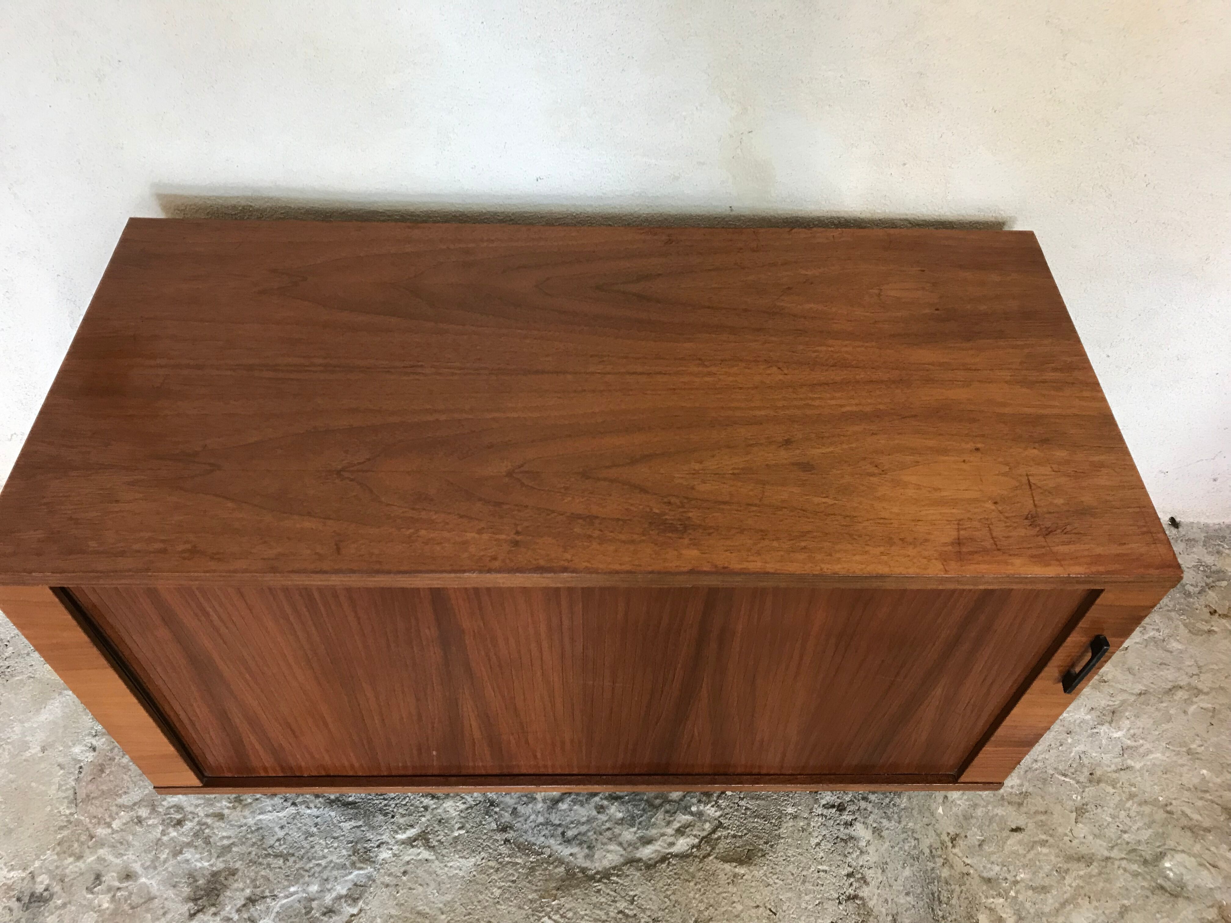 Vintage storage cabinet box on feet with sliding curtain