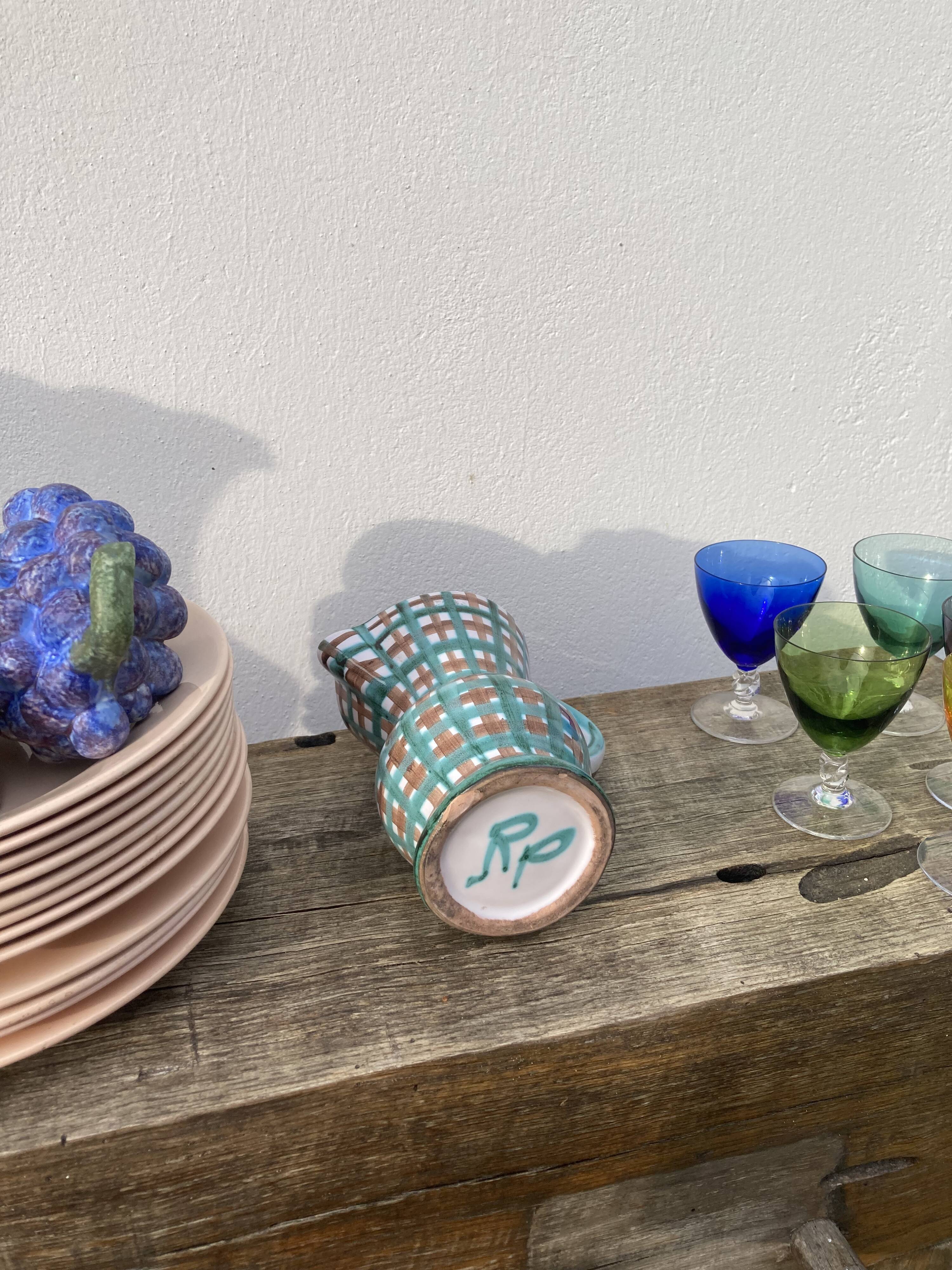 Robert Picault pitcher in green ceramic Vallauris checkered 1960