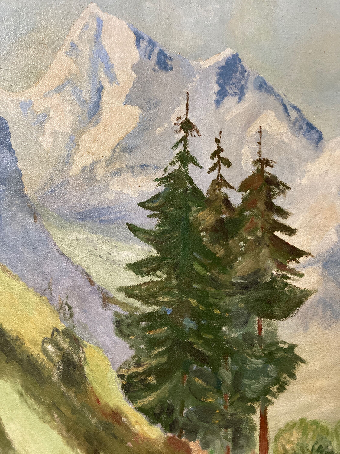 Large chalet mountain landscape oil on panel / old painting