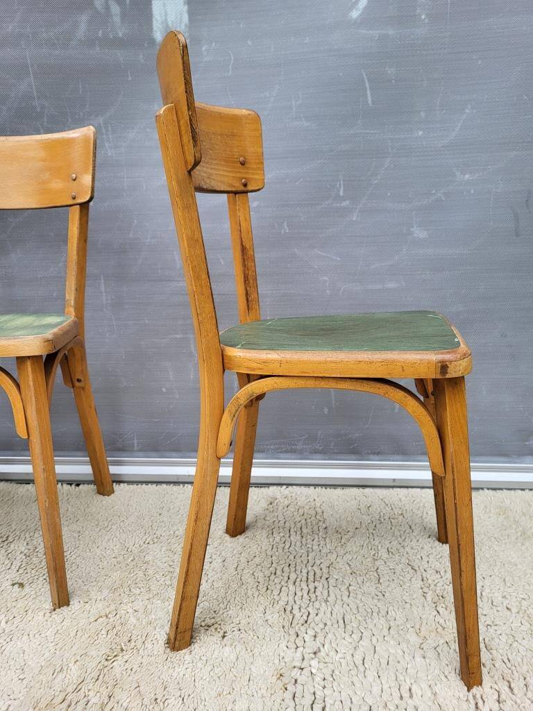 Trio chaises bistrot Baumann 1950 simili vert chiné