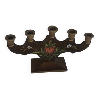 Artisanal candlestick in hand-painted solid wood, Scandinavian origin, folk art