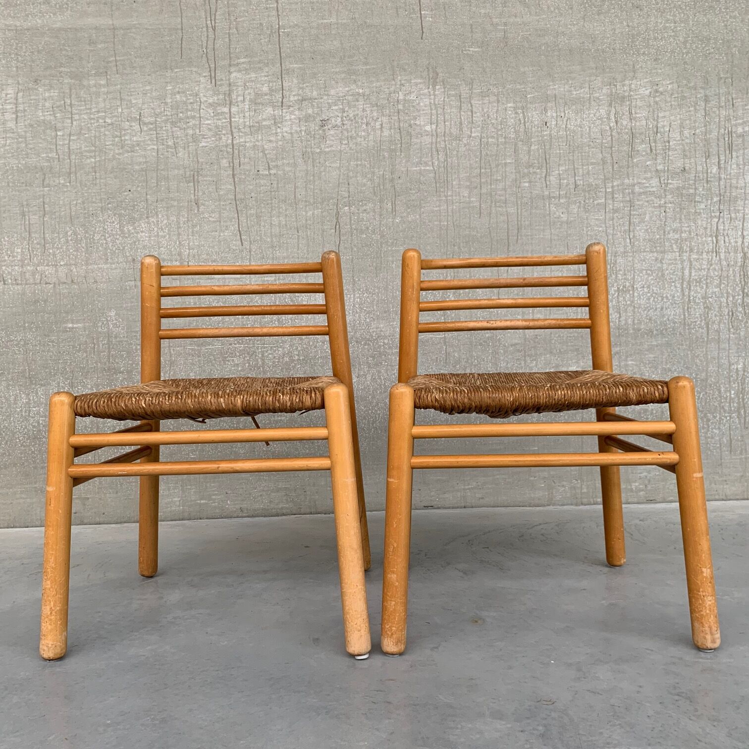 Pair of Pine and Rush Mid-Century Dutch Chairs