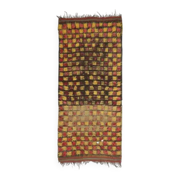 Tapis coureur kilim en laine et coton turc vintage noué à la main jaune 136x307