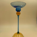 Bougeoir en verre jaune et bleu