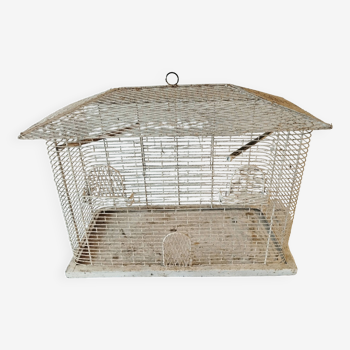 SUPERB OLD HOUSE-SHAPED BIRD CAGE IN WHITE LACQUERED METAL MATHIEU MATEGOT STYLE