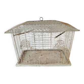 SUPERB OLD HOUSE-SHAPED BIRD CAGE IN WHITE LACQUERED METAL MATHIEU MATEGOT STYLE