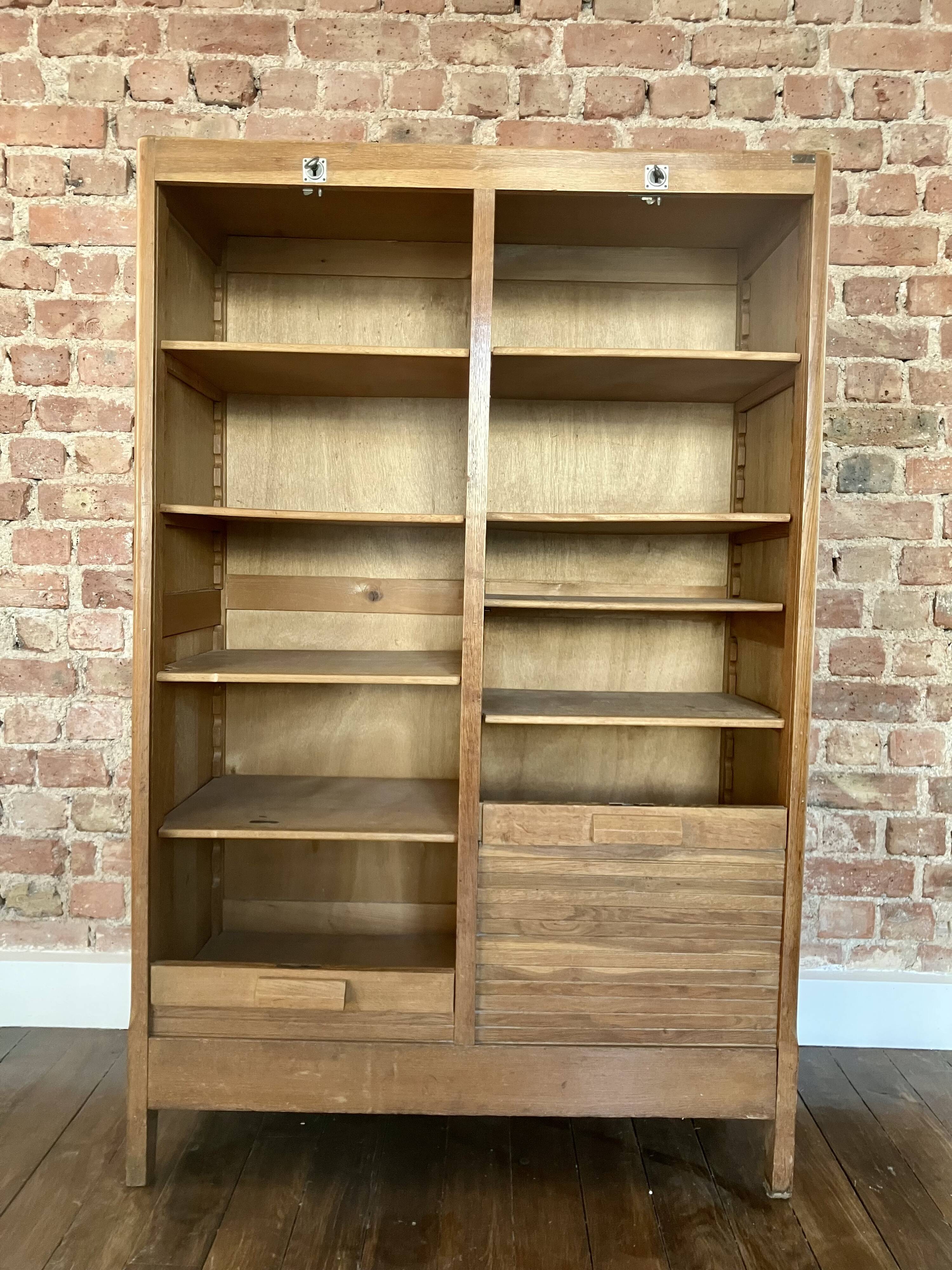 Double curtain filing cabinet in oak — on legs