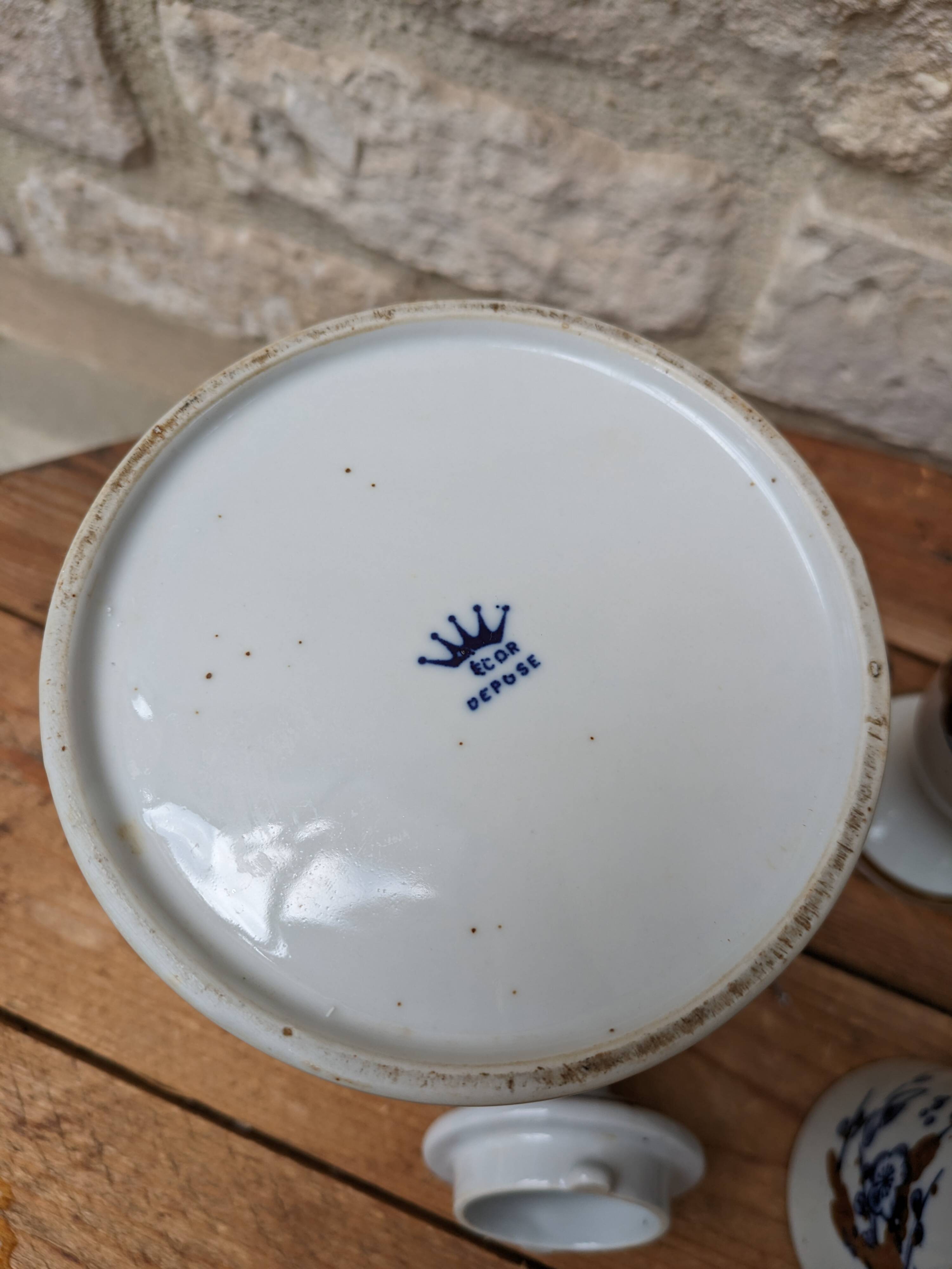 Old coffee service with 6 mazagrans and coffee pot with blue floral decoration