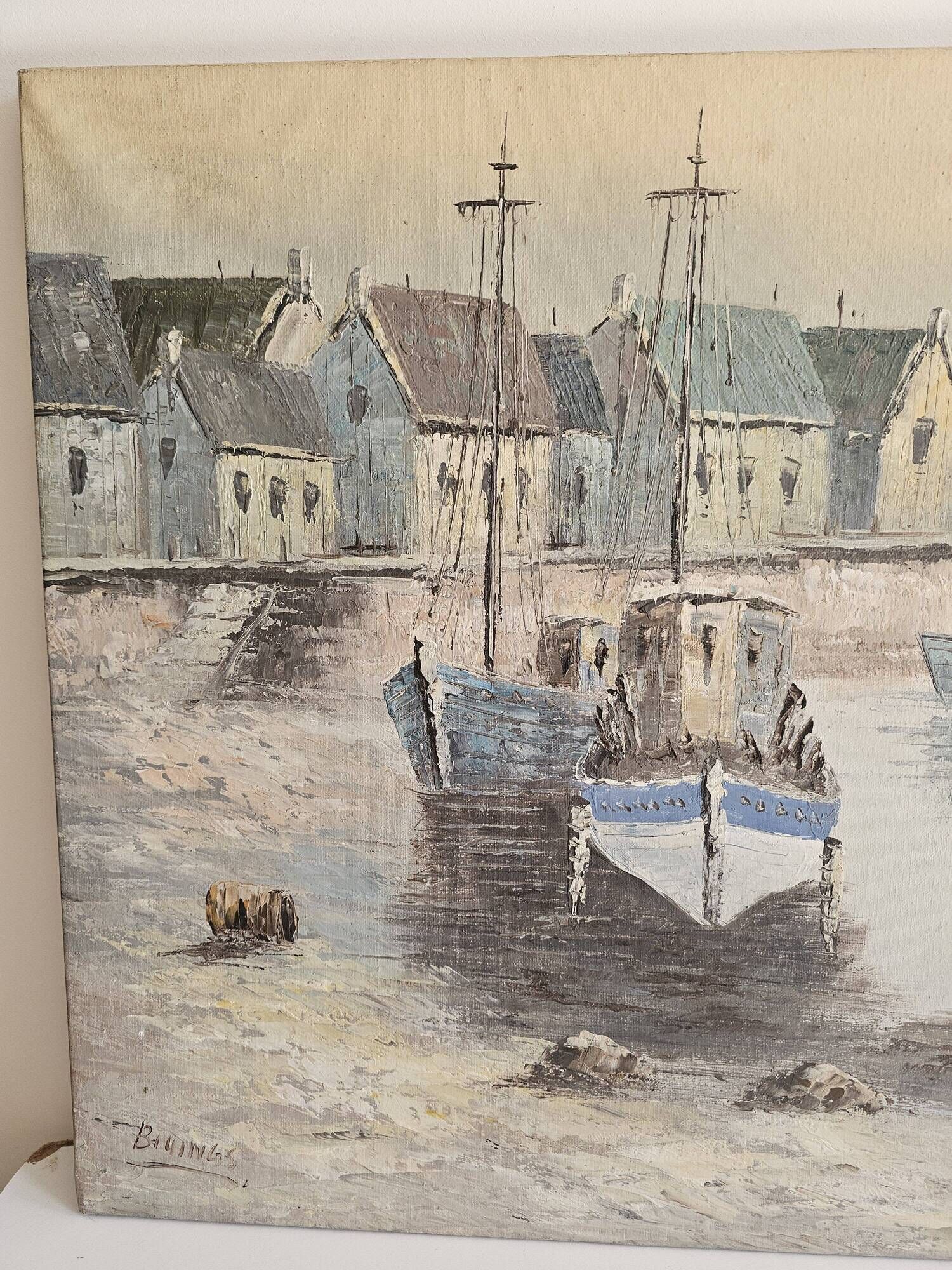 Oil on canvas - Marine, fishing port in a village signed Billings