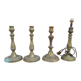 Set of 4 old brass candle holders
