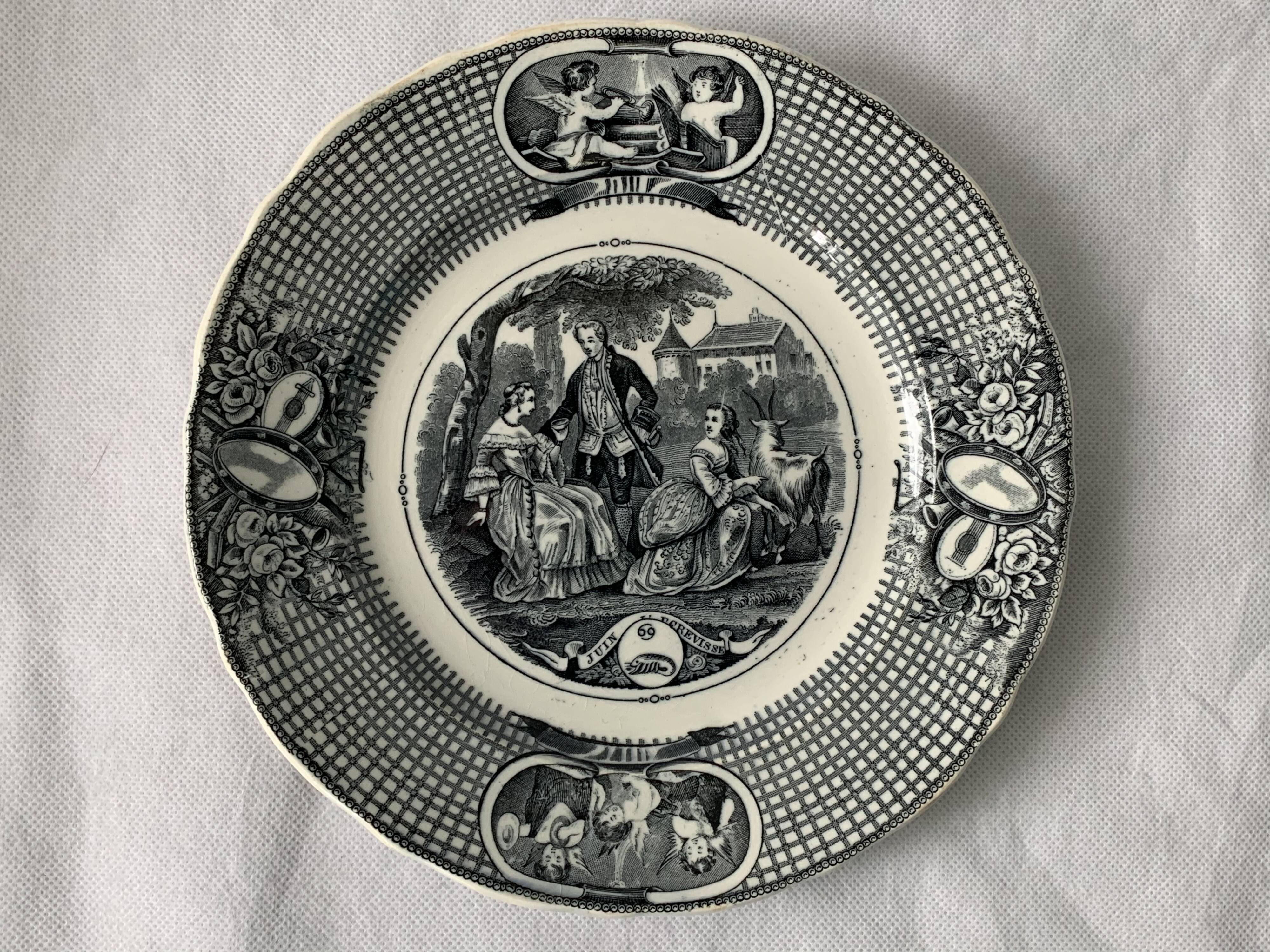 6 black dessert plates Old and Johnston Bordeaux 19th century astrology