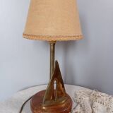 Marine table lamp with wooden base, brass sailboat, jute lampshade