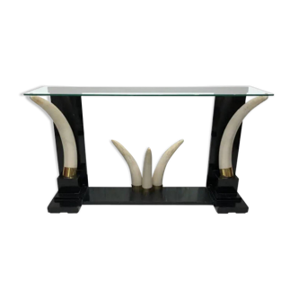 Versailles collection elephant faux tusk ebony console table mirror glass 1970s