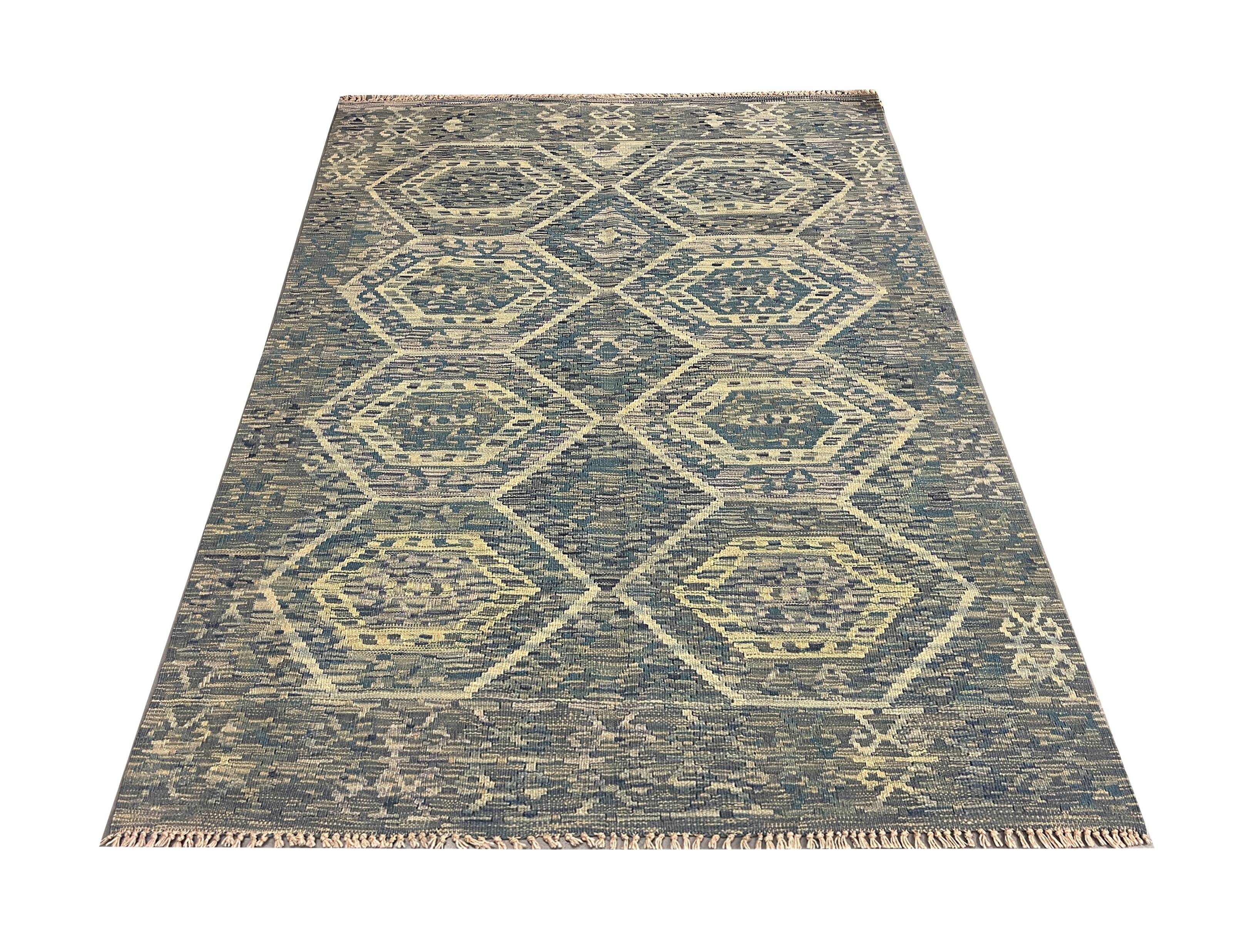 Geometric Kilim Rug, Bule Beige Contemporary Wool Carpet 195 x 128 cm