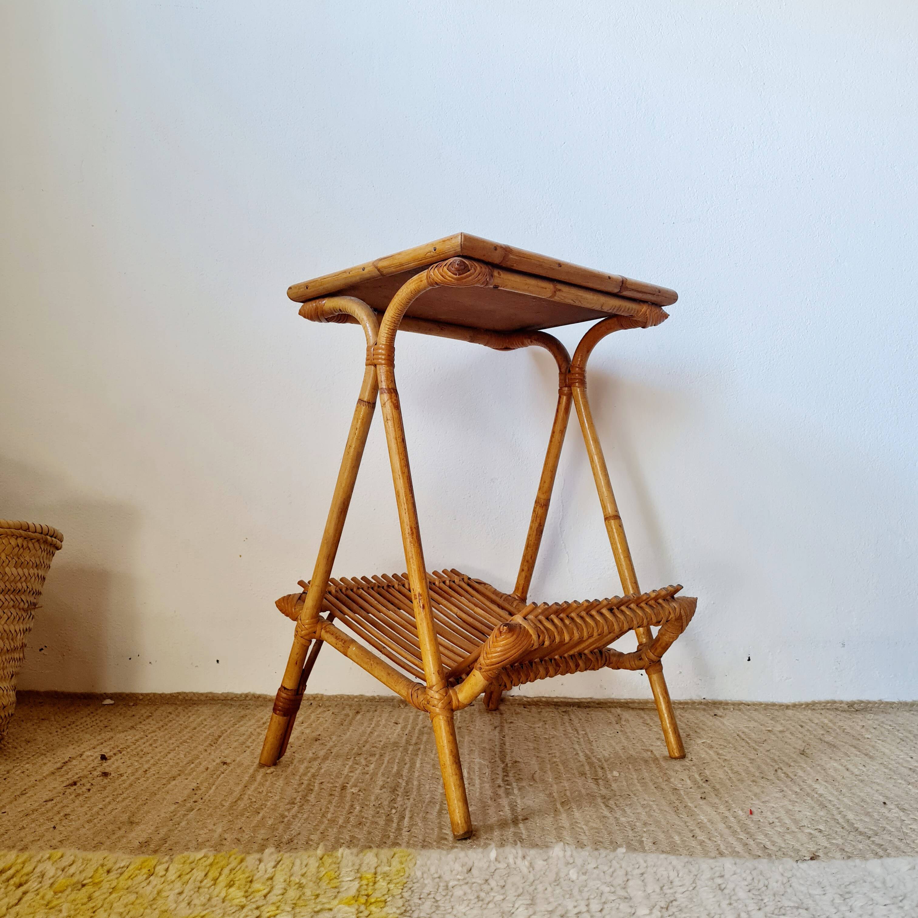 Vintage rattan and bamboo side table – 1960s Riviera style -
