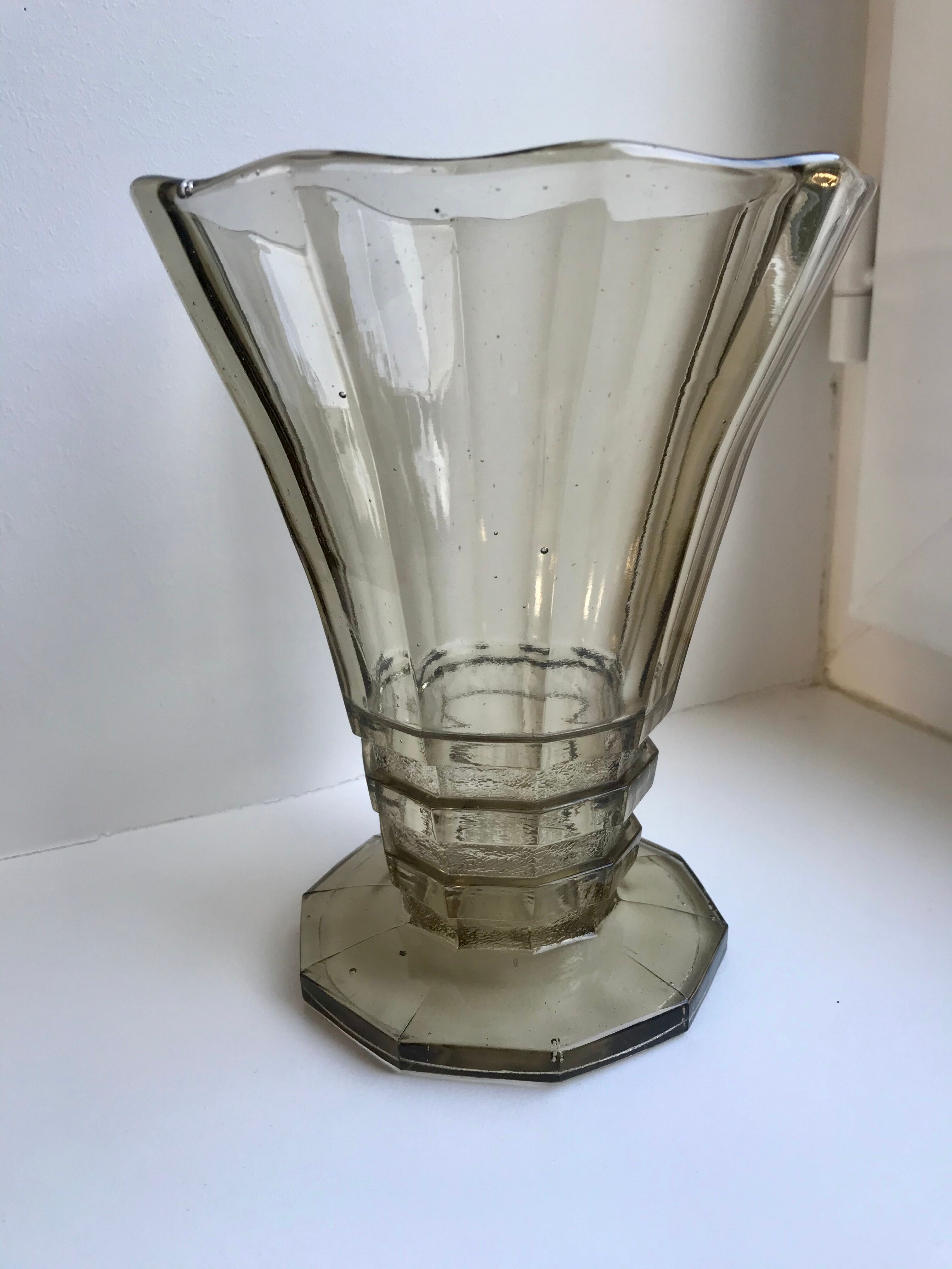 vase in molded and blown smoked glass Made in Belgium 60s-70s