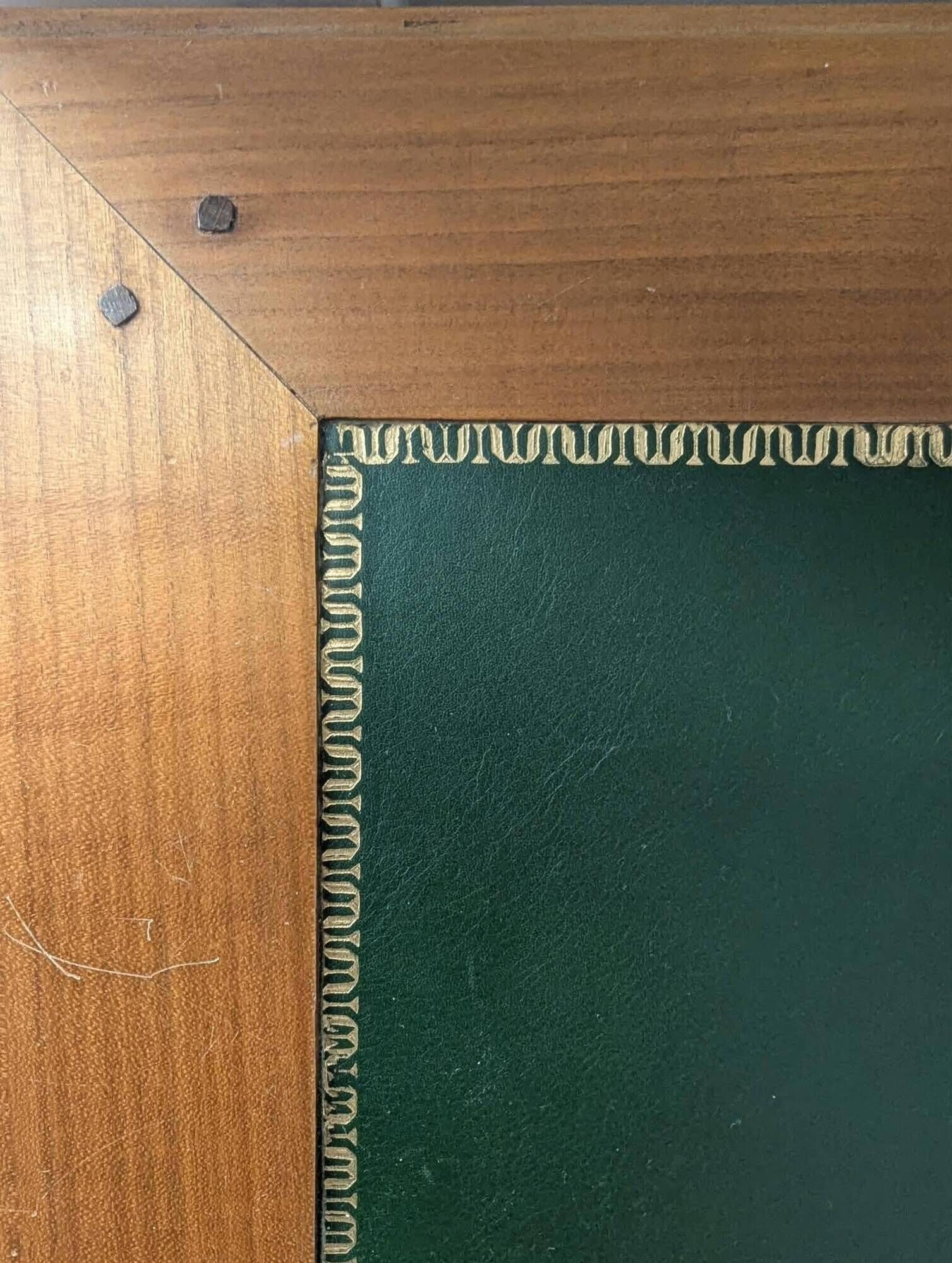 Louis XVI style flat desk in cherry wood, green leather top - French work