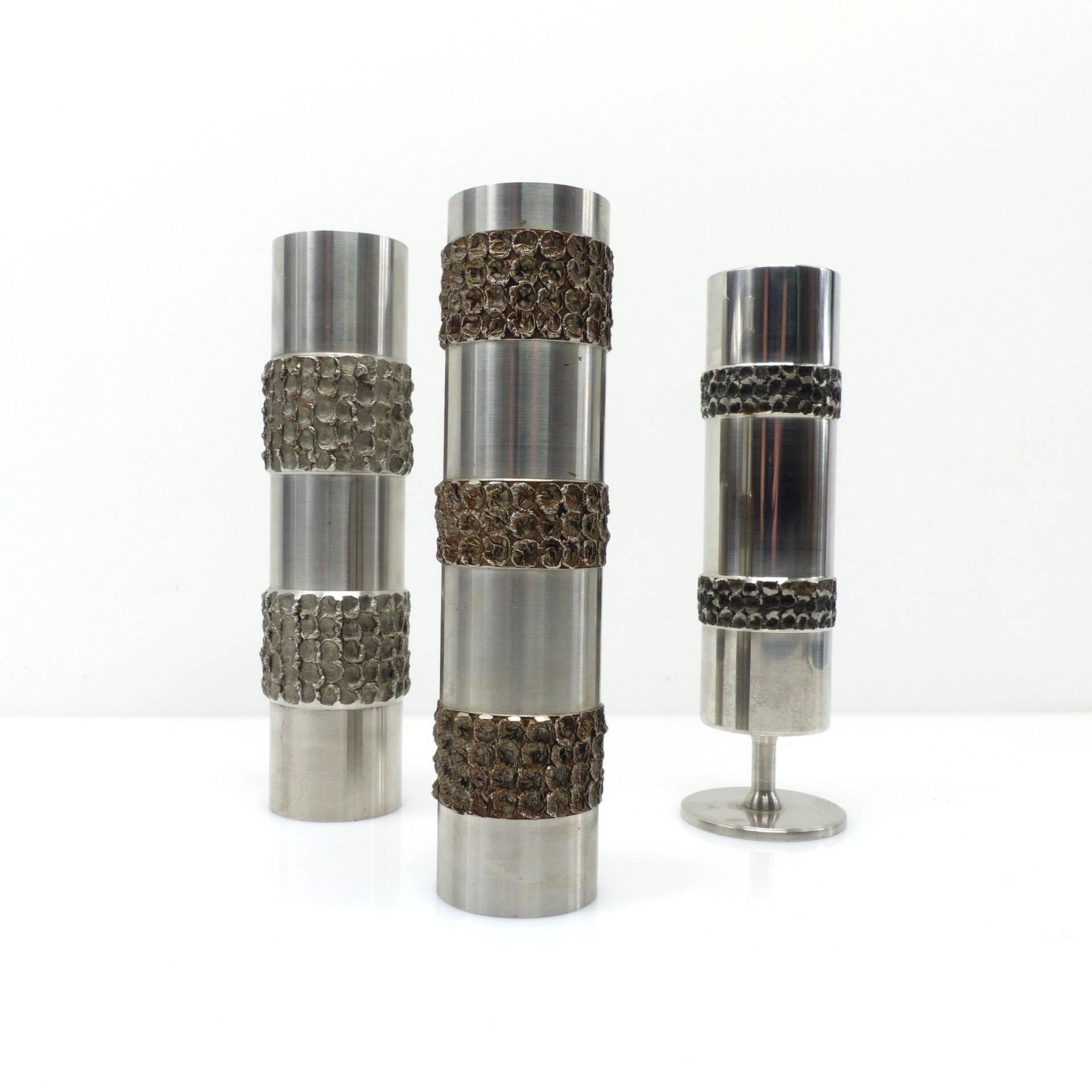 3 vases brutalistes BMF en métal – Allemagne, années 1970