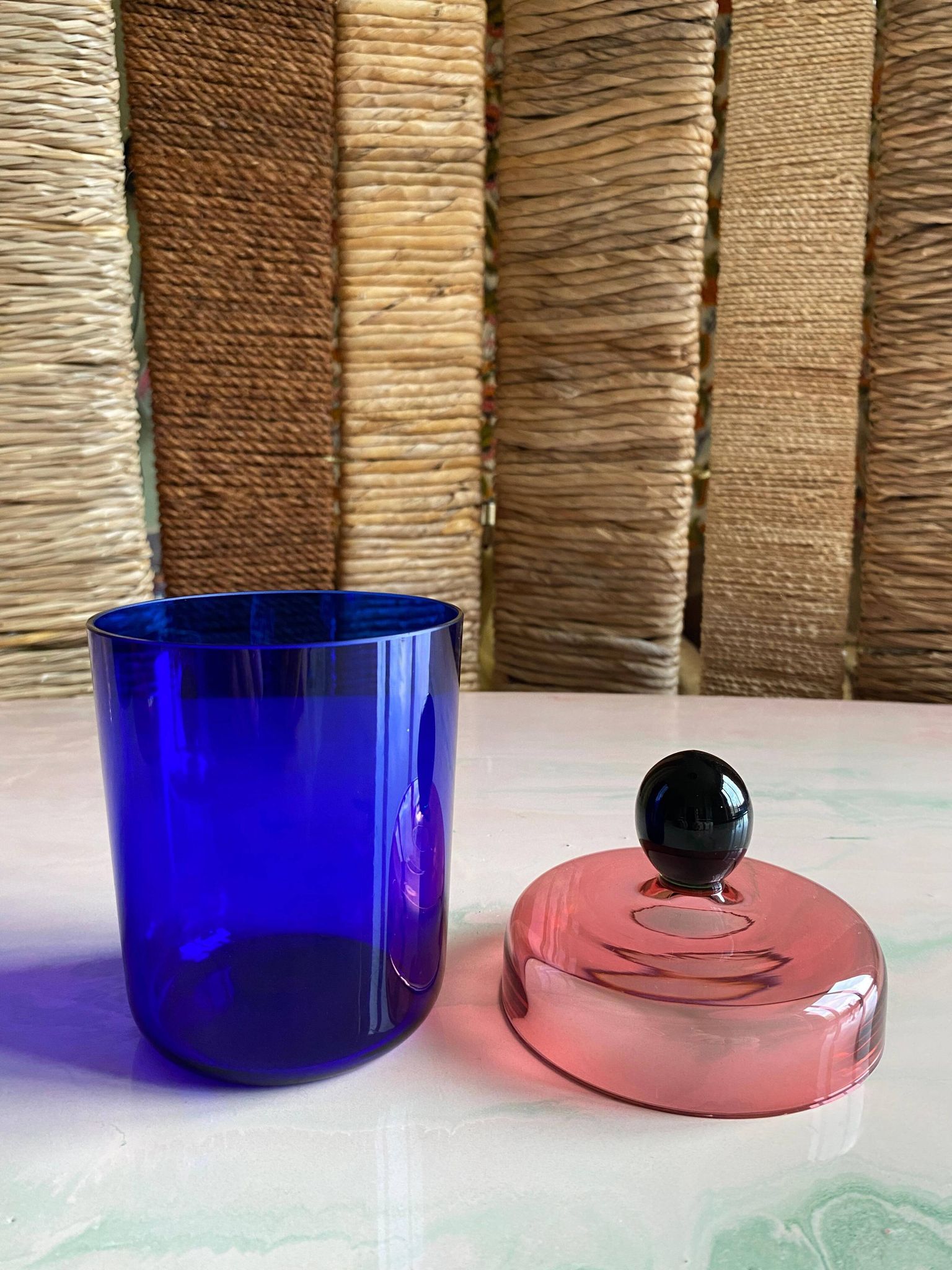 Handmade Blue, Pink and Black Glass Lidded Jar by Erik Höglund, 1992
