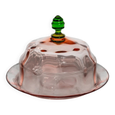 Vintage glass serving dish with dome and plate, engraved floral decoration in pink and green, Italy 1930s.