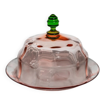 Vintage glass serving dish with dome and plate, engraved floral decoration in pink and green, Italy 1930s.