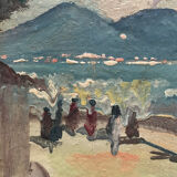 Tableau peinture ancienne paysage Vésuve Naples début XXe